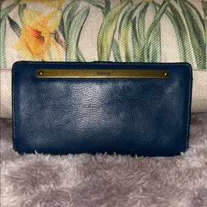 Fossil Navy Leather Wallet with Gold Accent